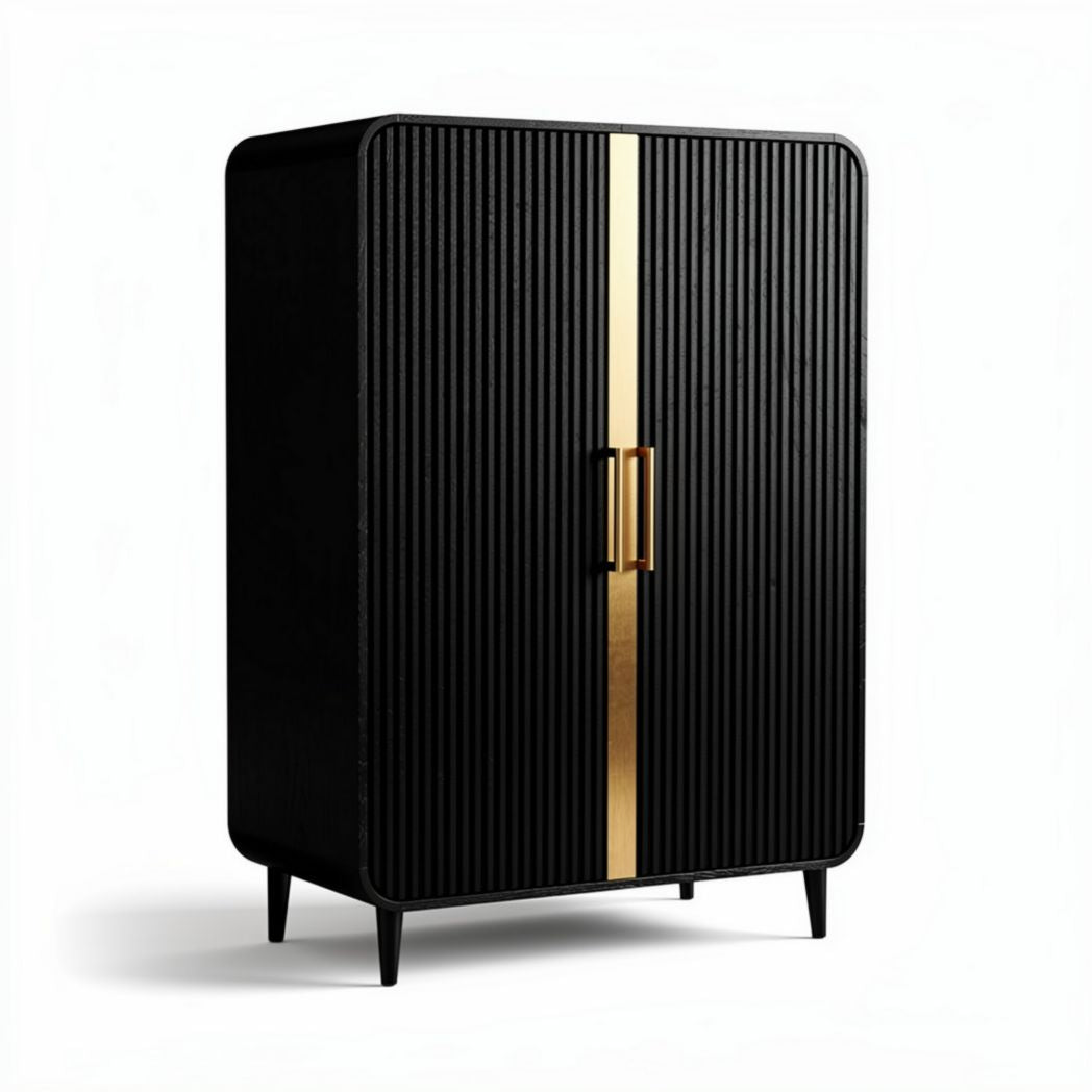 Black ribbed storage cabinet with gold accents 80 x 40 x 120cm