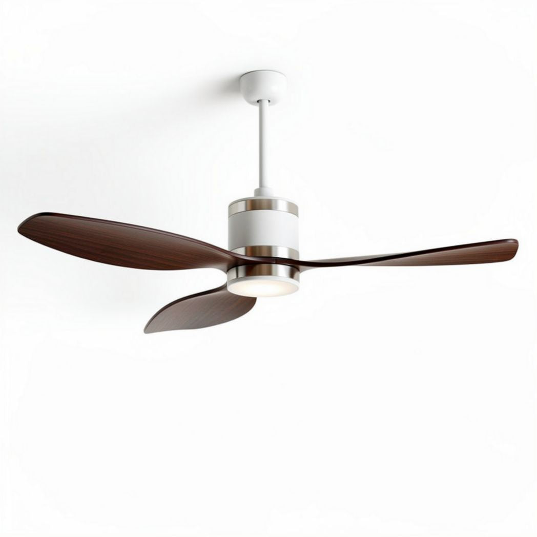 Ceiling fan with three wooden blades and integrated LED light in white finish